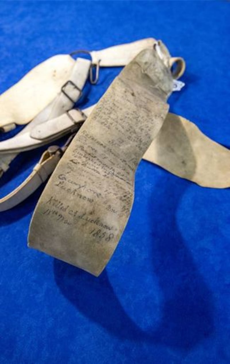 &nbsp;A drummers strap worn by a solider with writing of each battle the strap was used with the final entry marking when the solider was killed, one of the lots for sale at Bloomfield Auctions in east Belfast next week.