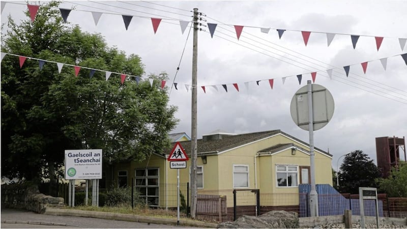 Bunting outside Gaelscoil an tSeanchai in Magherafelt. Picture by Hugh Russell. 