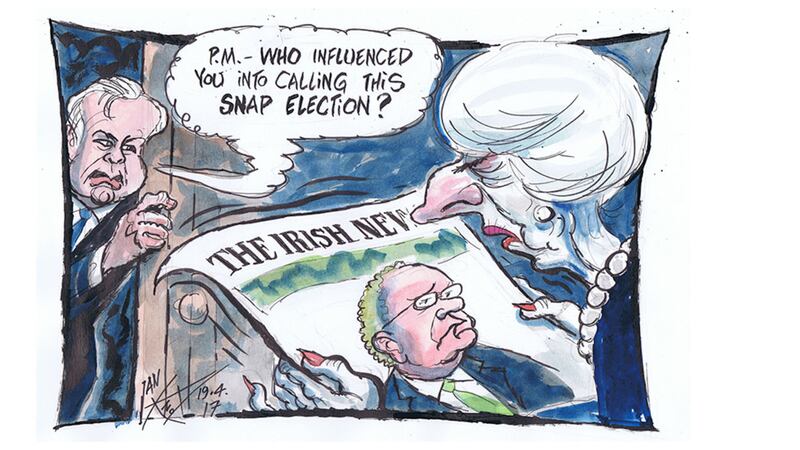 Ian Knox cartoon 19/4/17: One hundred days from Martin McGuinness's triggering of an election in the North, Theresa May does the same for the UK&nbsp;