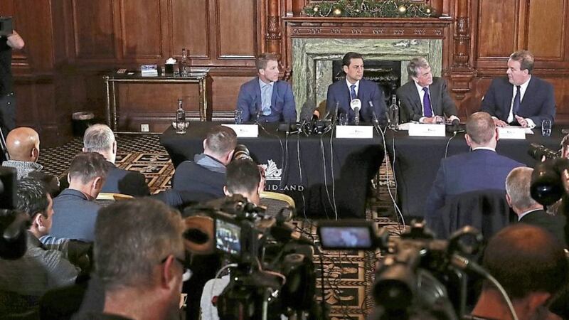 (l-r) Steve Walters, Andy Woodward,  Gordon Burns and  Edward Smethurst at the launch of the Offside Trust at the Midland Hotel in Manchester on Monday<br />Picture by PA