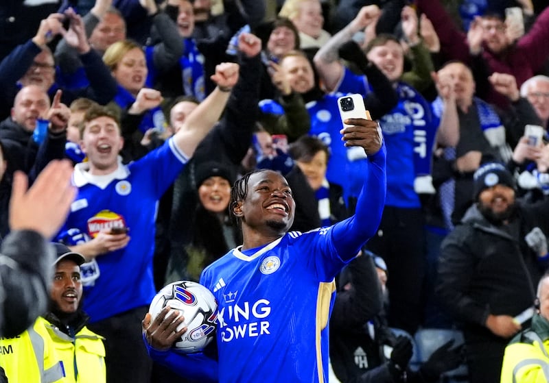 Leicester’s Abdul Fatawu records a video on a phone as he celebrates at the end of the 5-0 win over Southampton .