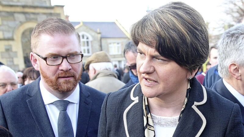 The DUP&#39;s Simon Hamilton and Arlene Foster at the funeral of Martin McGuinness. Picture by Mal McCann 