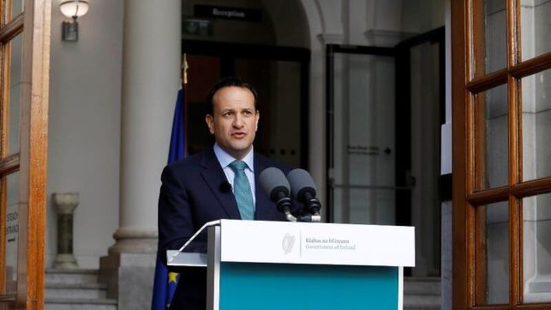 &nbsp; Leo Varadkar TD on the steps of the Government Buildings Dublin, addressing the public on the state of the coronavirus lockdown in Ireland.