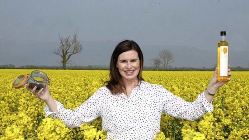 Leona Kane celebrates the latest chapter in her artisan journey which will see Broighter Gold rapeseed oil stocked in a chain of supermarkets across Dubai. Photo: Kevin McAuley 
