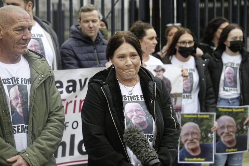 Geraldine and Seamus Conlon outside court in Belfast after a 33-year-old man was sentenced for killing their father Seamus. Picture by Hugh Russell 