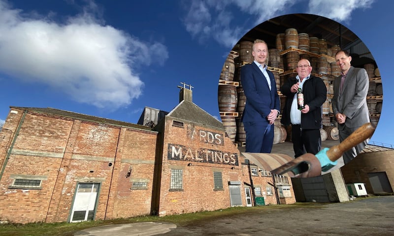 The Ards Maltings building on Portaferry Road and (inset), Echlinville Distillery owner, Shane Braniff (centre), pictured with Niall Devlin (left) and Gavin North (right) from Bank of Ireland UK