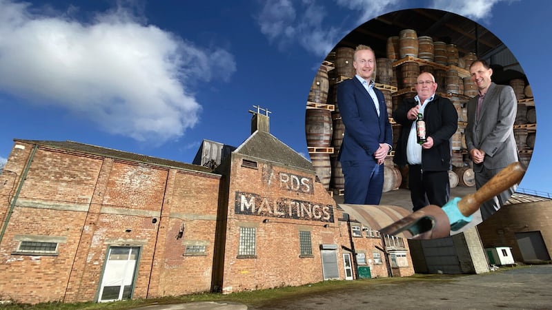 The Ards Maltings building on Portaferry Road and (inset), Echlinville Distillery owner, Shane Braniff (centre), pictured with Niall Devlin (left) and Gavin North (right) from Bank of Ireland UK