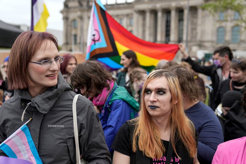 Demonstrators protest demanding a law to protect the rights of the transgender community outside of the parliament Bundestag building in Berlin (Ebrahim Noroozi/AP)