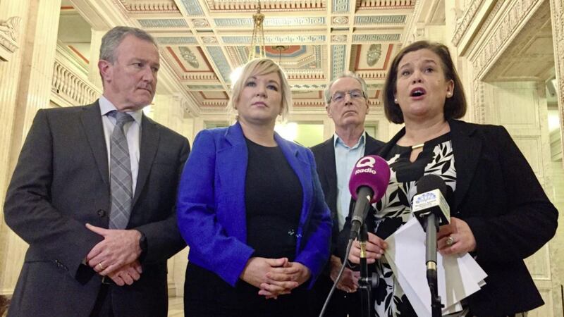 Conor Murphy, Michelle O&#39;Neill, Gerry Kelly and Mary Lou McDonald at Stormont House in Belfast after powersharing talks 