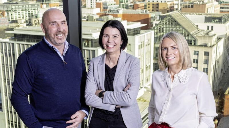 Pictured at The Ewart in Belfast are Syndeo co-founders Oliver Lennon (left) and Catherine Ewings (right) with Deloitte partner Aisl&eacute;an Nicholson. 