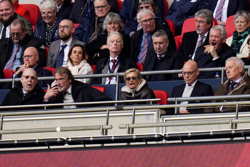 Manchester United owner Avram Glazer (bottom left), minority owner Sir Jim Ratcliffe and Dave Brailsford (front row), plus new technical director Jason Wilcox (second row) all watched on at Wembley