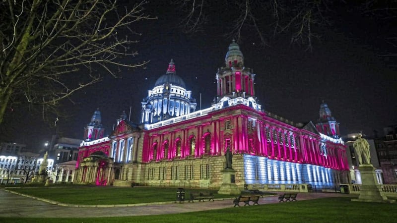 Belfast City Hall lit up in the club colours of south Belfast GAA club Bredagh as its members gathered to mark its 50th year
