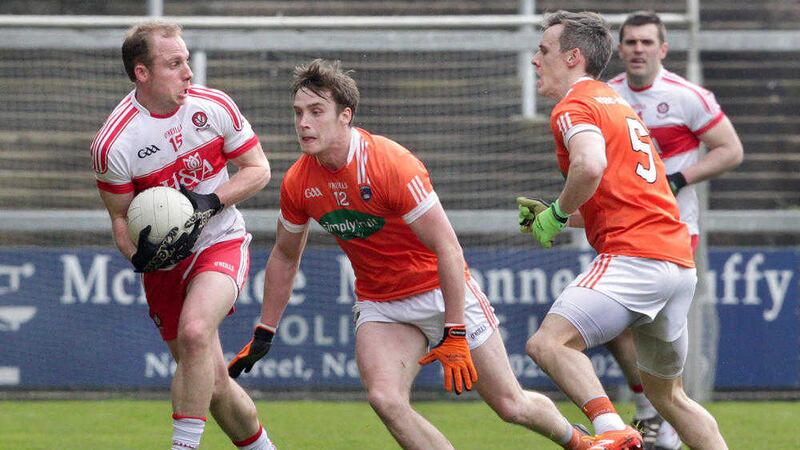 &nbsp;Armagh's Ciaron O'Hanlon and Mark Shields in action against Sean Leo McGoldrick of Derry during Sunday's National League match at the Athletic Grounds, Armagh <br />Picture by Margaret McLaughlin