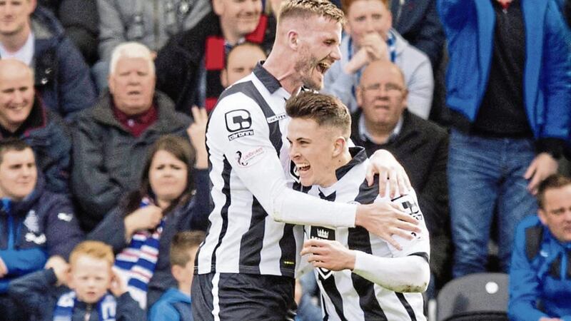 New Celtic signing Lewis Morgan (right) celebrates scoring St Mirren&#39;s second goal of the game during the Ladbrokes Scottish Championship match at St Mirren Park, Paisley 