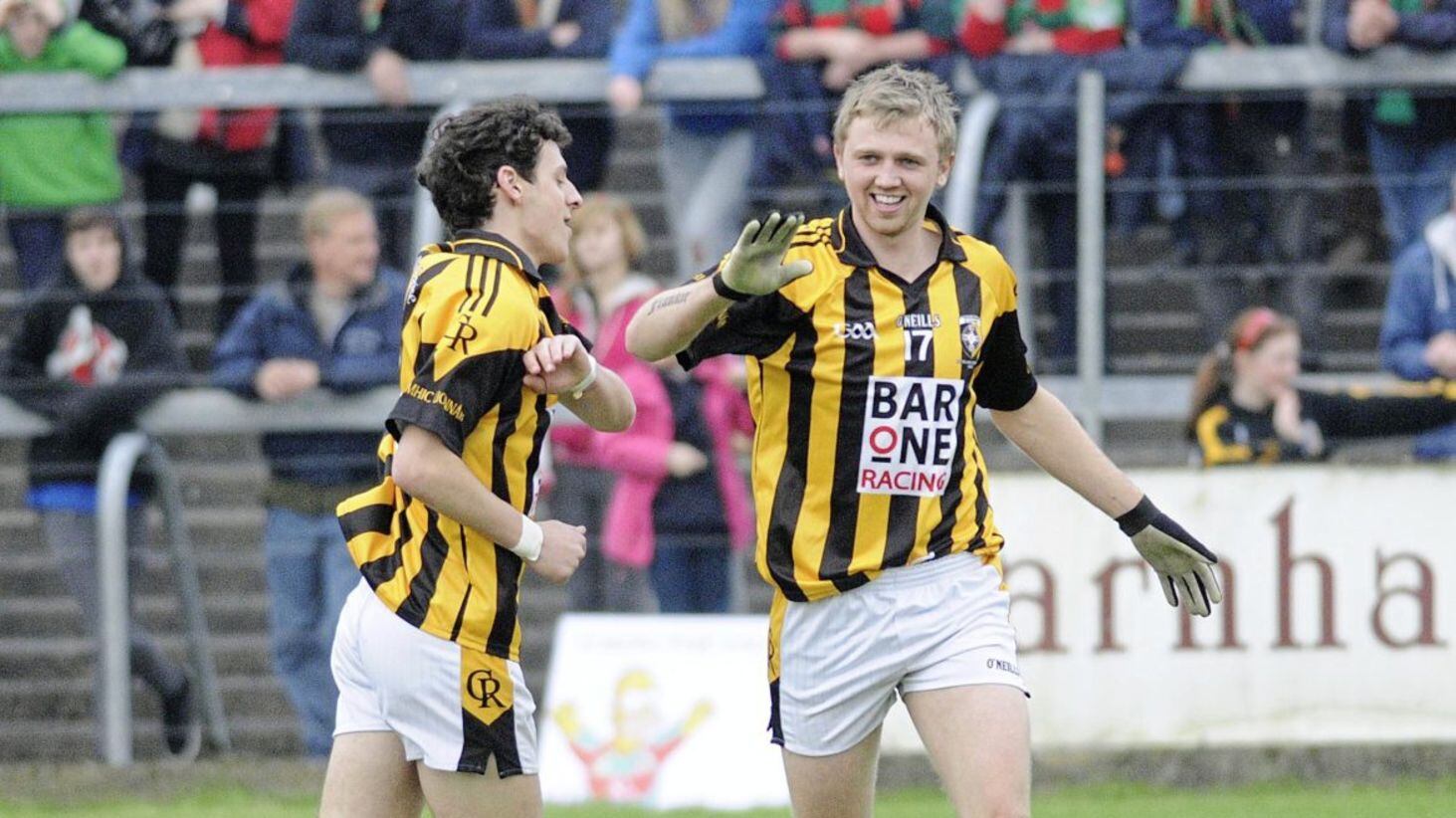Crossmaglen's Francis Hanratty celebrates his goal with Jamie Clarke. Picture Mark Marlow