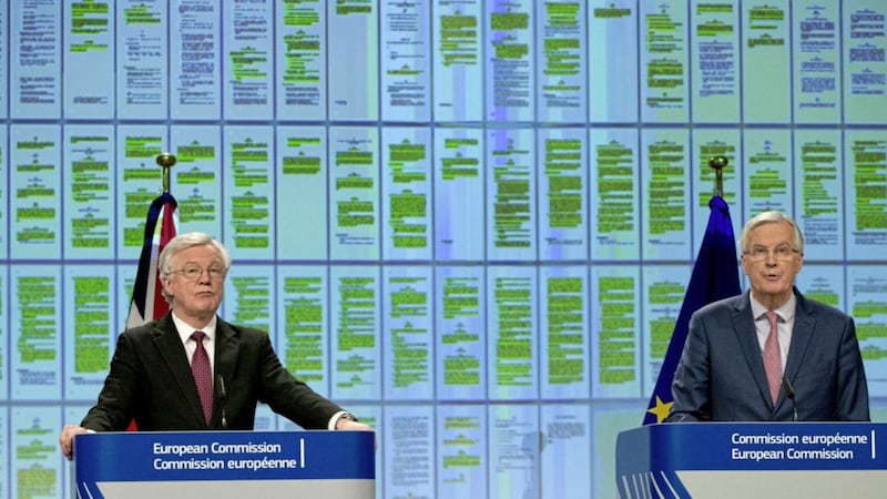 British government Brexit secretary David Davis and European Union chief Brexit negotiator Michel Barnier in Brussels 