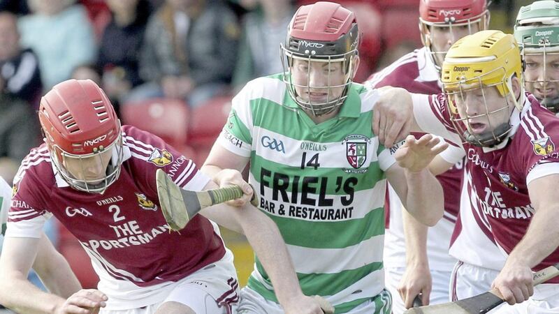 Derry keeper and Swatragh all-rounder Michael Kirkpatrick in action against Banagher in the Derry Senior Hurling Championship final at Celtic Park. Picture by Margaret McLaughlin 