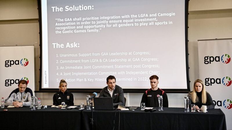 GPA CEO Tom Parsons, centre, alongside, from left, Wexford hurler Matthew O'Hanlon, Galway camogie player Niamh Kilkenny, Tyrone footballer Conor Meyler, and GPA Equality, Diversity and Inclusion manager Gemma Begley. <br />Photo by David Fitzgerald/Sportsfile