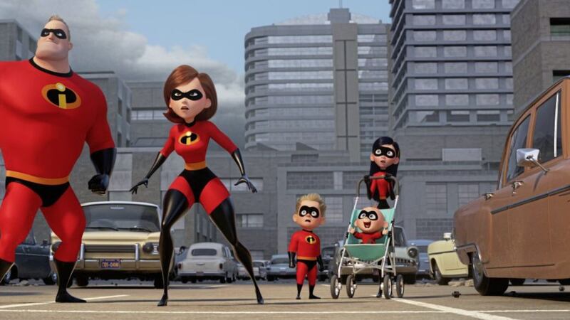 Mr Incredible (voiced by Craig T Nelson), Elastigirl (Holly Hunter), Dash (Huck Milner), Jack-Jack (Eli Fucile) and Violet (Sarah Vowell), from Incredibles 2 