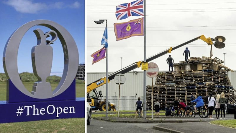 Preparations under way in Portrush for The Open, and right, a loyalist bonfire earlier this week at Avoniel Leisure Centre in east Belfast 