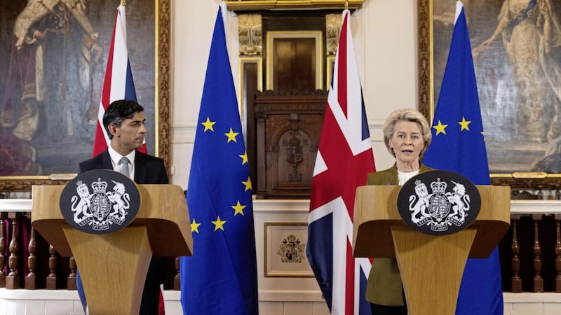 Prime Minister Rishi Sunak and European Commission president Ursula von der Leyen during a press conference at the Guildhall in Windsor, Berkshire, following the announcement that they have struck a deal over the Northern Ireland Protocol. Picture by Dan Kitwood/PA Wire 
