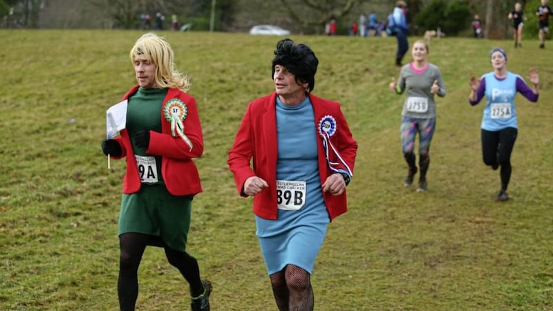 Competitors at the annual Christmas Cracker Pairs race in Castlewellan dress up as Sinn Feins&#39;s Michelle O&#39;Neill and DUP leader Arlene Foster. Picture Mal McCann. 