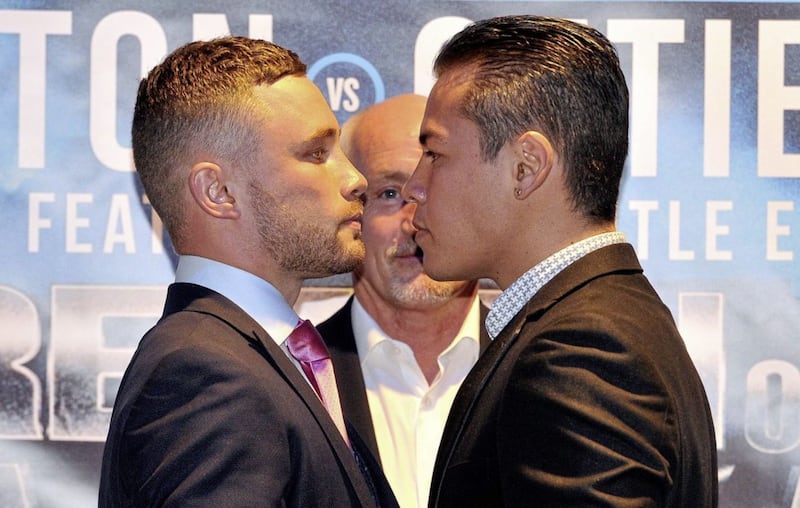 Carl Frampton and Andres Gutierrez come face-to-face during yesterday&#39;s press conference at Belfast&#39;s Europa Hotel. Picture by Justin Kernoghan/Photopress 