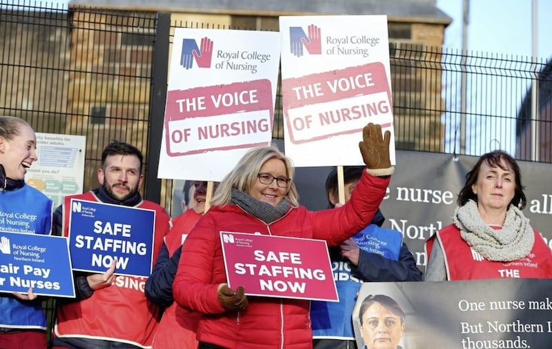 Pat Cullen (centre), now General Secretary of the RCN, on strike with nurses in December 2019. Picture by Mal McCann