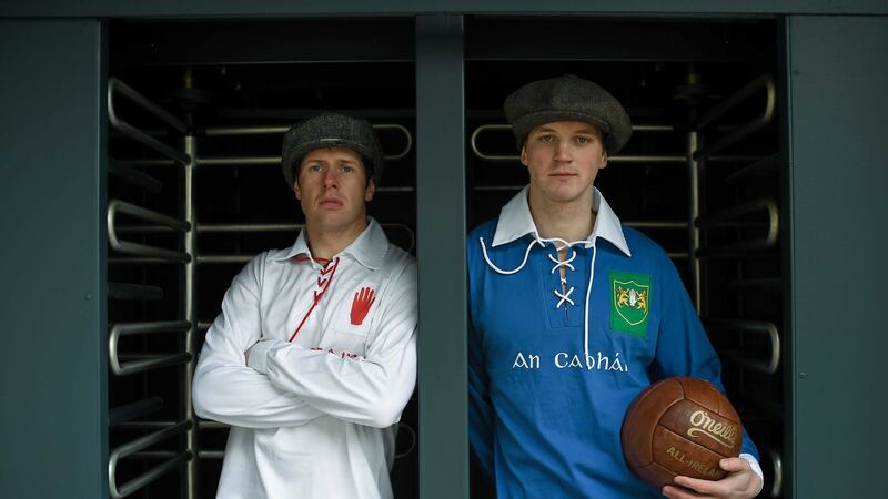 Tyrone's Sean Cavanagh and Cavan's Gearoid McKiernan in 1916-period GAA gear at Croke Park ahead of the NFL Division Two final on Sunday, April 24<br />Picture by Sportsfile &nbsp;