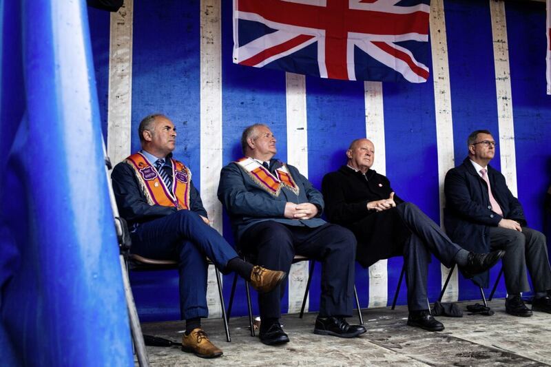 Unionist leaders including Sir Jeffrey Donaldson and Jim Allister on the podium at an anti-Protocol rally. Picture by Andrew Johnston