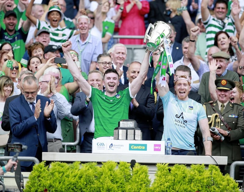 Limerick's Declan Hannon and Cian Lynch jointly lift the Liam MacCarthy Cup last year - the latter will skipper the Treatymen with the former not named in the matchday 26.  Pic Philip Walsh.. 