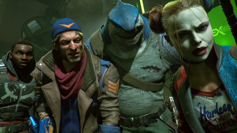 An image from the new Suicide Squad game showing its main characters: King Shark, Harley Quinn, King Boomerang and Deadshot