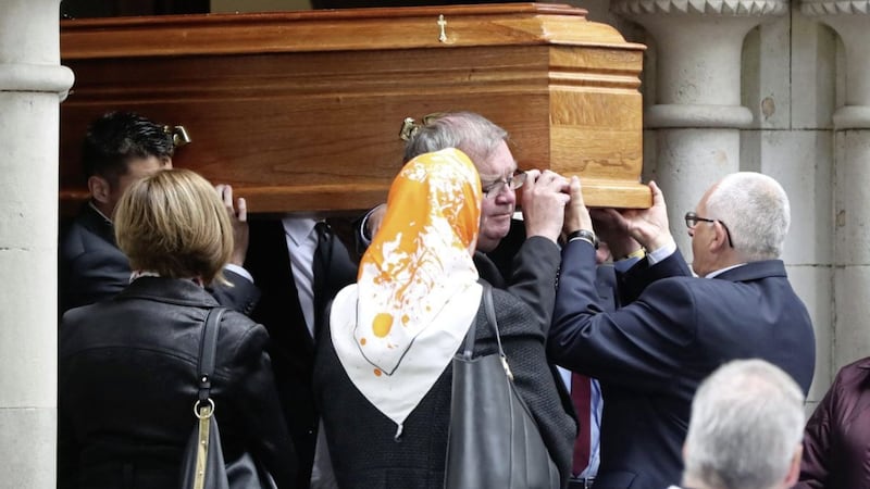 The coffin of former taoiseach Liam Cosgrave is from the Church of the Annunciation in Rathfarnham in Dublin, after his funeral service PICTURE: Niall Carson/PA Wire 