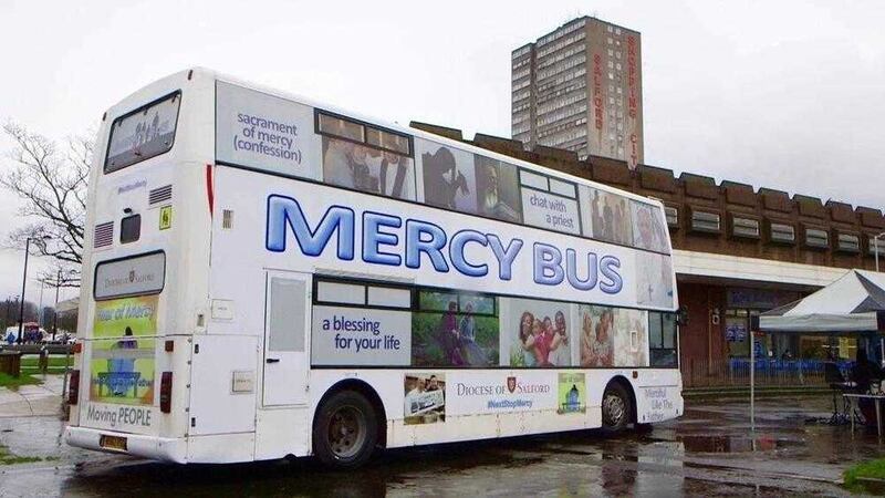 The double-decker &#39;Mercy Bus&#39; being used by the Diocese of Salford in north England 
