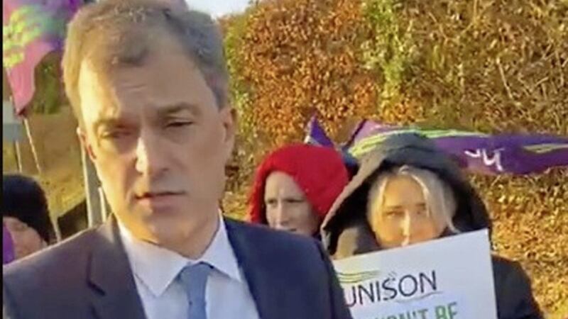 Secretary of State Julian Smith attended a picket line outside the Ulster Hospital in Dundonald yesterday 