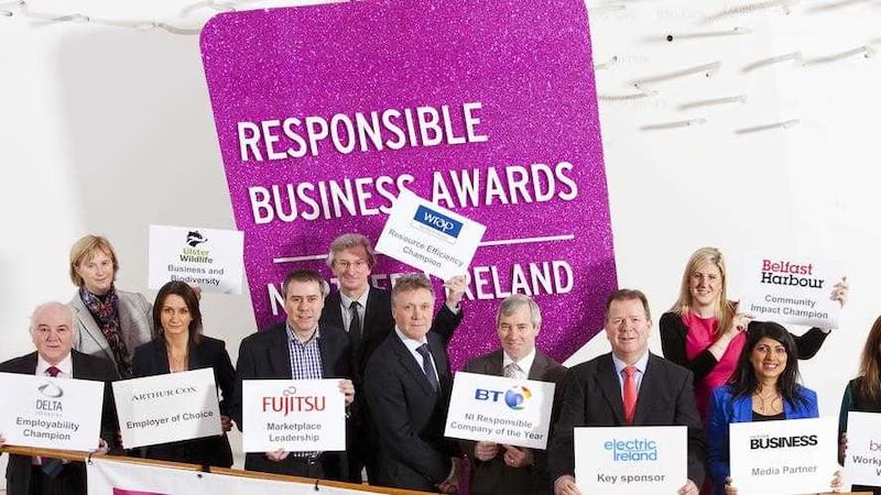 Launching the 2016 Responsible Business Awards are (from left): Terry Cross (Delta Packaging), Jennifer Fulton (Ulster Wildlife Trust), Catriona Gibson (Arthur Cox), Chris James (Fujitsu), Ian Garner (WRAP), Kieran Harding (Business in the Community), Alex Crossan (BT), Niall Dineen (Electric Ireland), Jenni Barkley (Belfast Harbour), Sonia Armstrong (Ulster Business) and Helen Smith (Benenden). Applicants can apply online now at www.bitcni.org.uk and must submit their entries by Friday March 25. Winners will receive their awards at a gala event on Thursday June 2. 