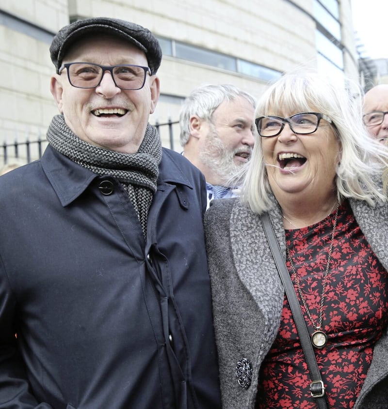 The Brother and sister of Aidan McAnespie Sean and Margo .The McAnespie family at court in Belfast for the Judgment which comes in same week UK government presses ahead with plans for a de facto amnesty for Troubles-related offences.Picture by Hugh Russell. 