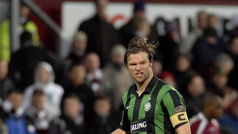 Celtic captain Steven Pressley celebrates their 2-1 victory over Hearts during the Bank of Scotland Premier League match at the Tynecastle Stadium Edinburgh on Sunday January 14 2007