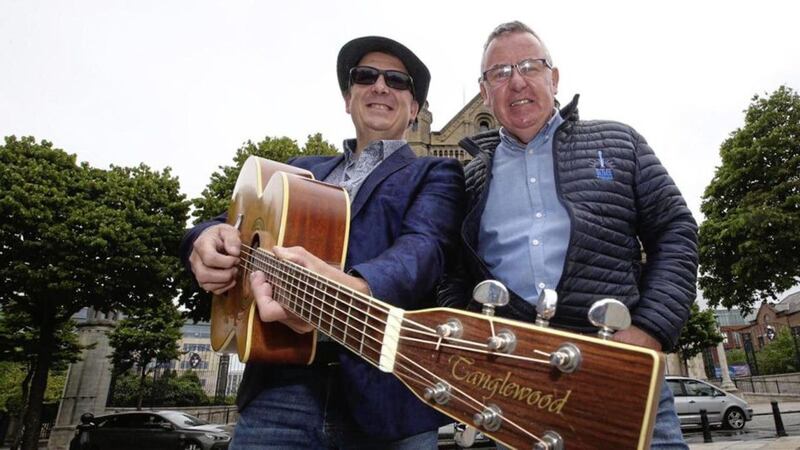  Lee Hedley (left) and Festival Director Seamus O Neill gear up for the Belfast City Blues Festival which goes live on line this Saturday  