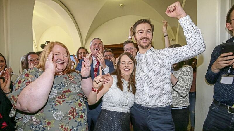 Alliance leader Naomi Long celebrates as Nuala McAllister tops the poll in Castle, north Belfast PICTURE: Matt Mackey/Press Eye 