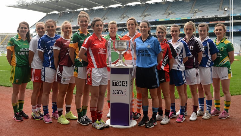 Pictured at Monday's Croke Park launch of the TG4 All-Ireland Senior Ladies' Football Championship are county captains (l-r) Kate Herron (Donegal), Neamh Woods (Tyrone), Gr&aacute;inne McGlade (Cavan), Jennifer Rogers (Westmeath), Kate Byrne (Meath), Ciara O'Sullivan (Cork), Fiona McHale (Mayo), Caroline O'Hanlon (Armagh), Lyndsey Davey (Dublin), Adair Trainor (Down), Sharon Courtney (Monaghan), Ger Conneally (Galway), Laura Marie Maher (Laois) and Cait Lynch (Kerry)<br />Picture: Sportsfile