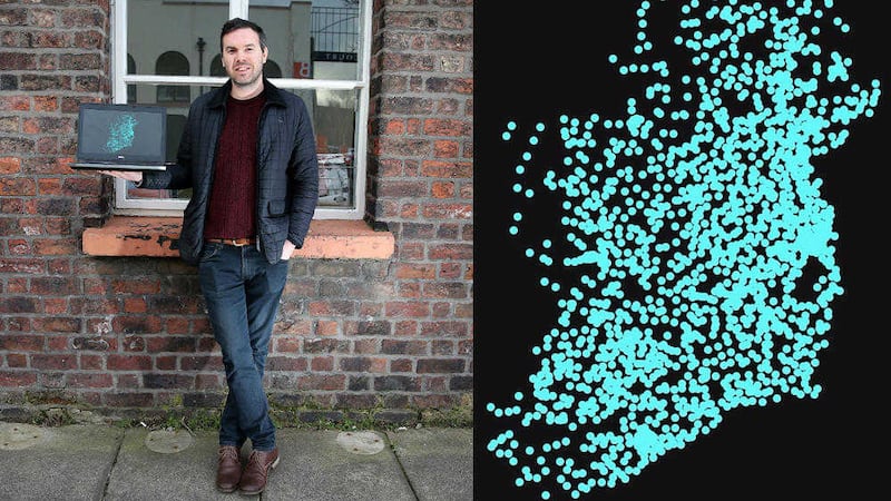 Niall Cunningham and his map of GAA pitches across Ireland that has become a Facebook hit. Picture by Mal McCann 