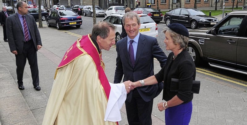 Rose Paterson arriving with her husband Owen, then Secretary of State, for a Diamond Jubilee Service of Thanksgiving at St Anne&#39;s Cathedral in Belfast, is met by Dean John Mann in 2012. Picture by Arthur Allison 