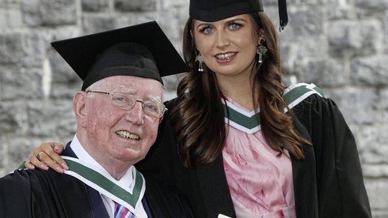 SDLP veteran Frank Feely following the conferring ceremony at NUI Galway, with granddaughter Tara. PICTURE: Aengus McMahon 