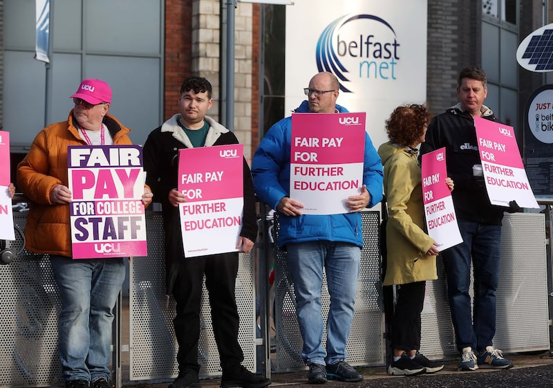 Further Education workers at the Metropolitan College Millfield campus, who began a week-long strike action on Monday. Picture by Mal McCann
