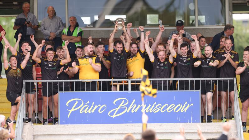 Erne Gaels celebrate after winning the Fermanagh SFL Division One title in a tight clash against Kinawley at Brewster Park yesterday Picture: Donnie Phair