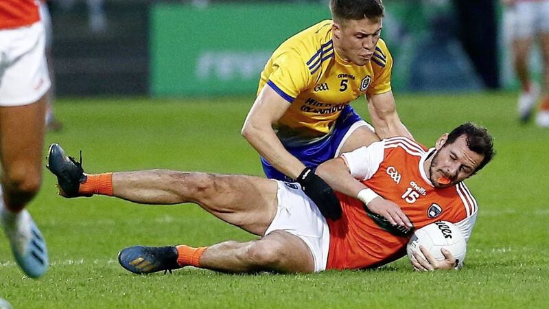 Armagh&rsquo;s Jamie Clarke and Roscommon&rsquo;s Ronan Daly in action during the Allianz Football league Division 2 game between Armagh and Roscommon at the Athletic Grounds on Saturday. Picture by Philip Walsh 