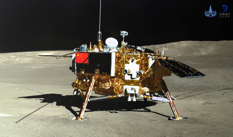 The lunar lander of the Chang'e-4 probe is seen in a photo taken by the rover Yutu-2