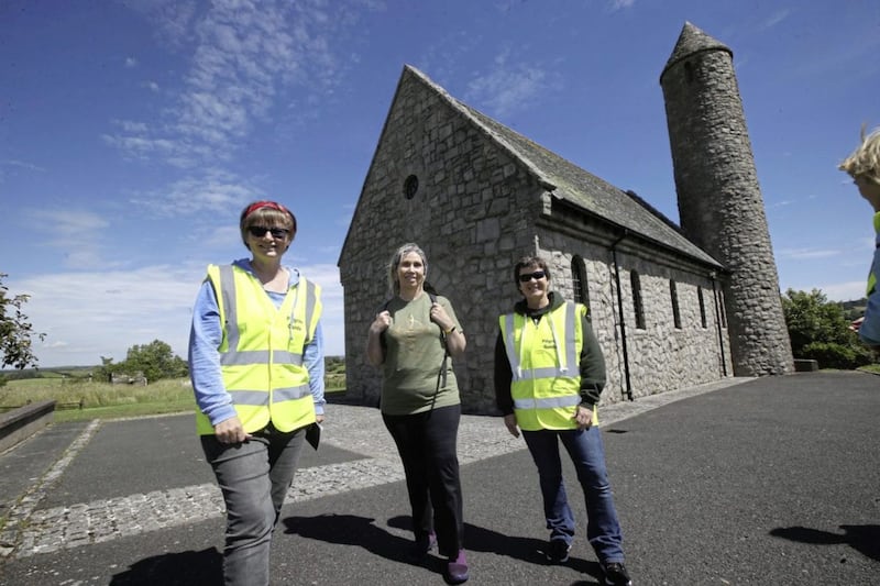 Irish language activist Linda Ervine (centre) launched a new St Patrick's walk in Downpatrick earlier this month. She is pictured with pilgrim guides Martina Purdy left and Elaine Kelly. Picture by Hugh Russell