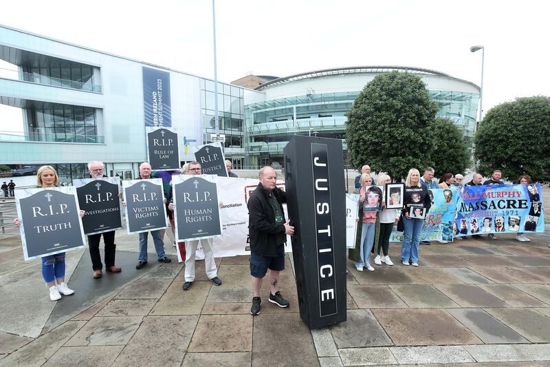 Protestors against the legacy bill outside the Waterfront Hall. Picture Mal McCann